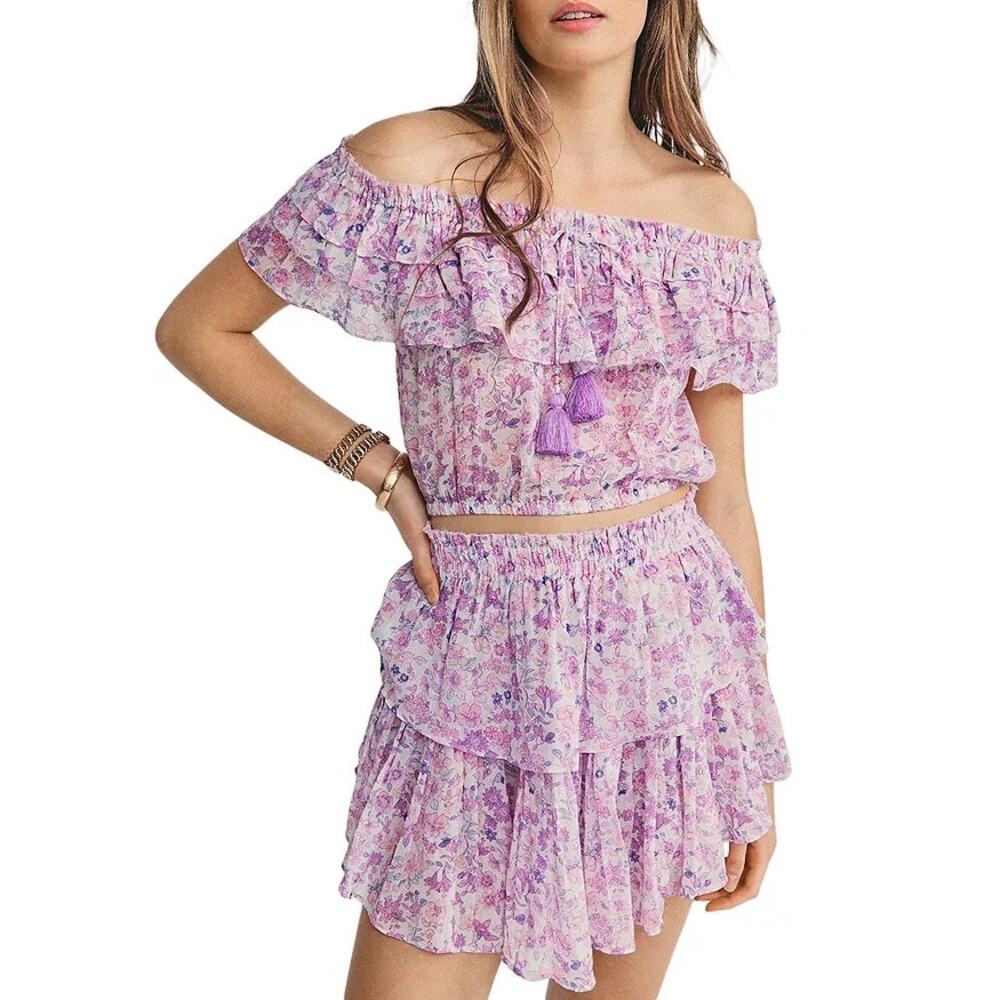 LoveShackFancy Dorin Off-the-Shoulder Crop Top in Purple Iris -‎ Size XL - Picture 2 of 6